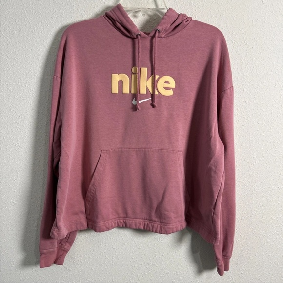 Nike Tops - Nike Hoodie Womens Lg Pink Fleece Center Textured Swoosh Logo Slightly Cropped